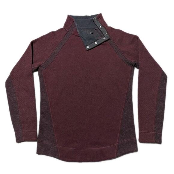 prAna Women’s Wool Blend Snap Neck Pullover Sweater L Burgundy Raglan Panels - Picture 4 of 11